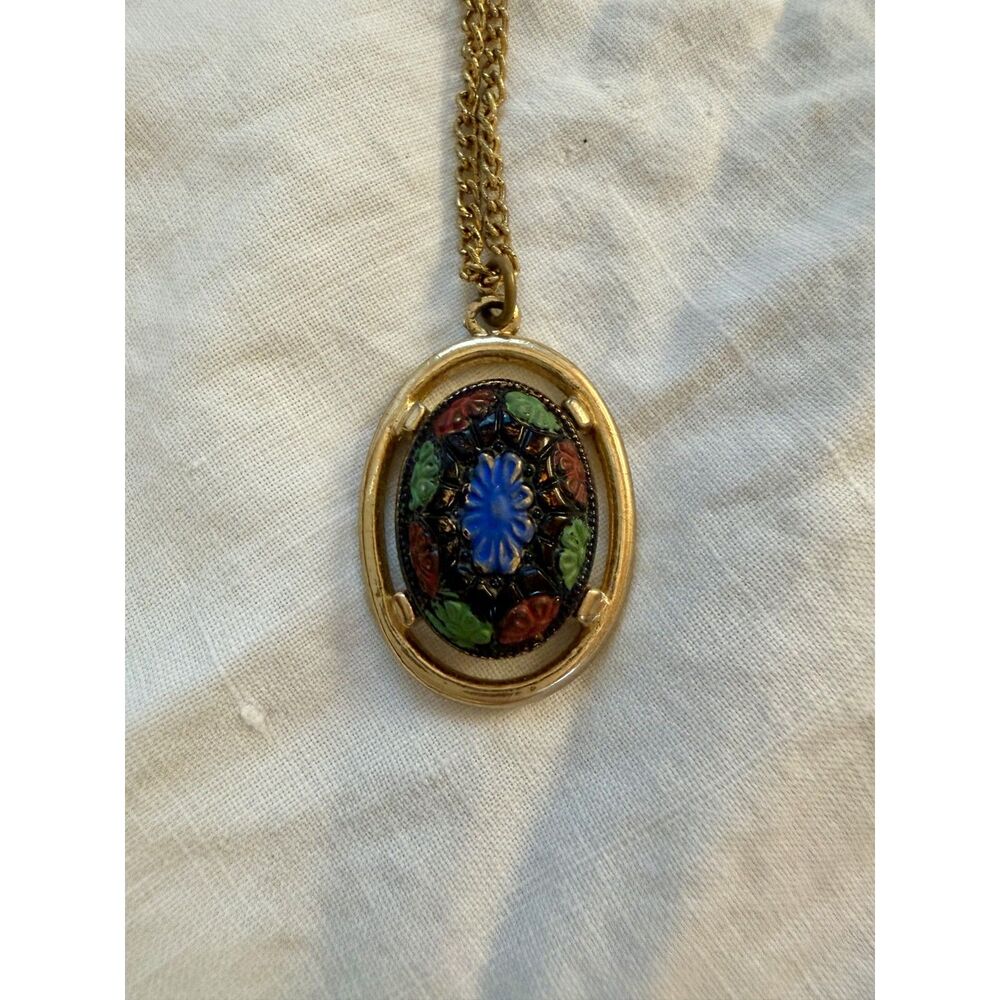 Vintage 1960s Sarah Coventry Light of The East Blue Mosaic Glass Oval Necklace